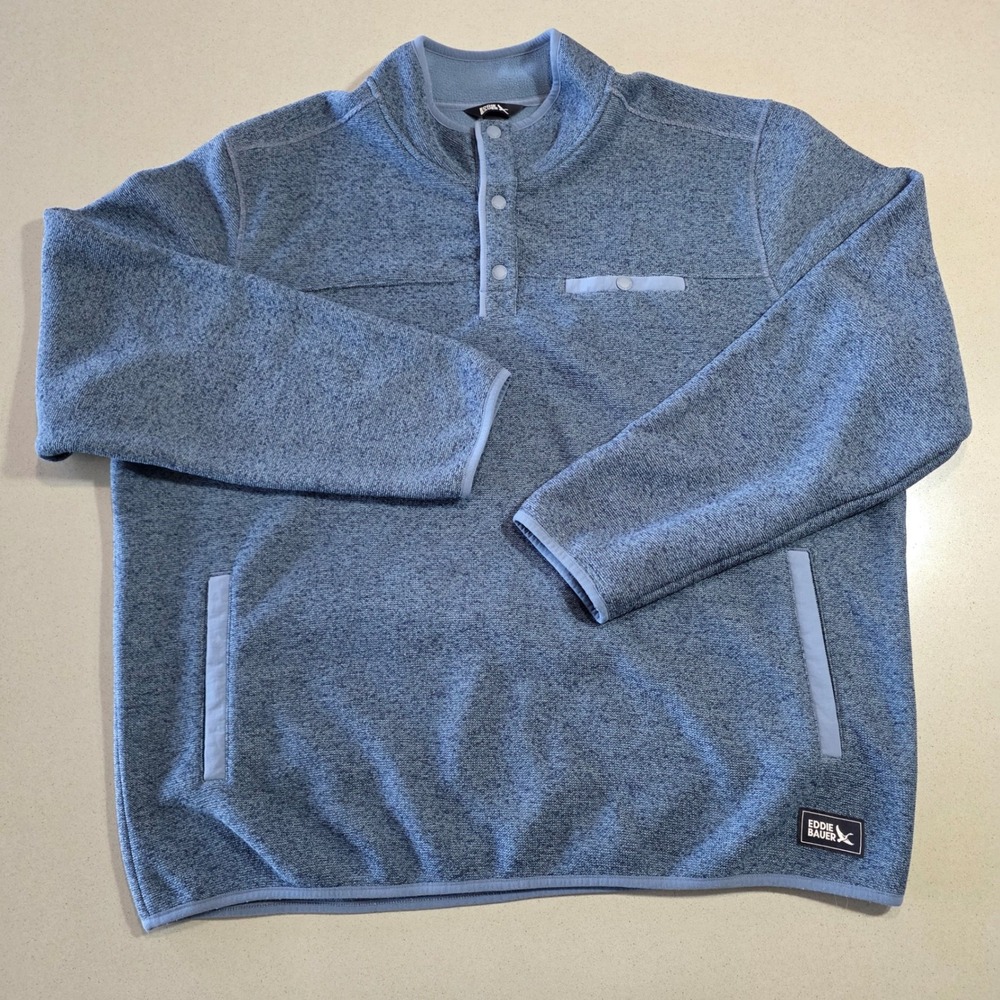Eddie Bauer Mens XXL Blue Heather Sweater Fleece Quarter Snap Pullover B-0031
